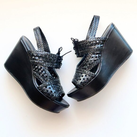 Stephane Kelian Black Leather Platform Wedge Heel Lace Up Sandals / Summer Shoes